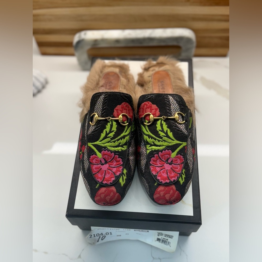 Gucci Brocade Princeton Fur Slippers
